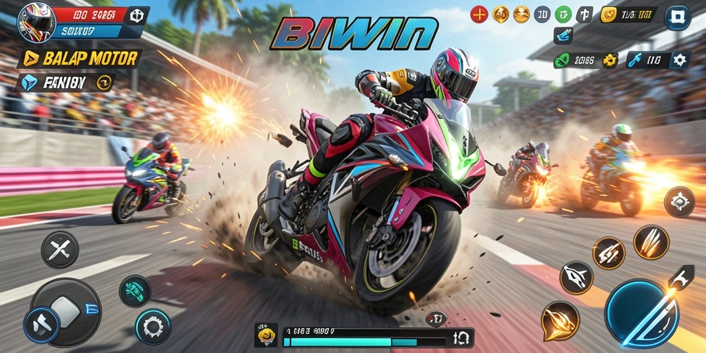 Tampilan gameplay balapan motor yang mendebarkan di BIWIN.