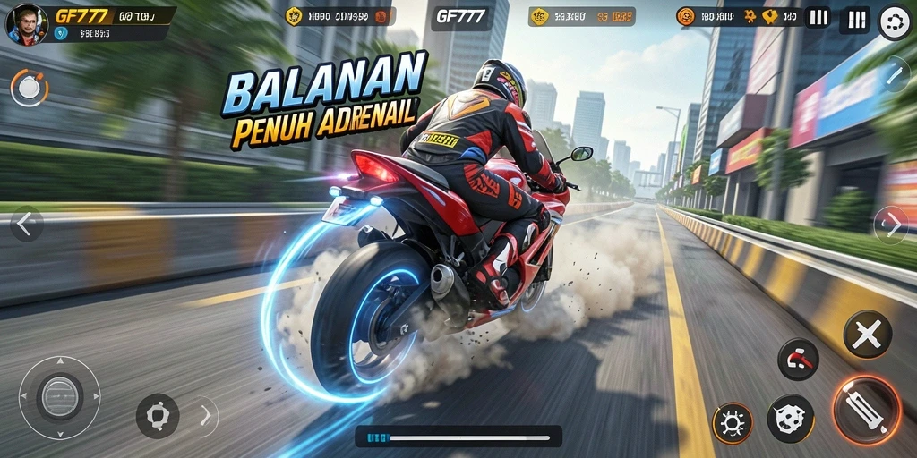 Tampilan gameplay balapan motor dalam GF777 yang menegangkan.