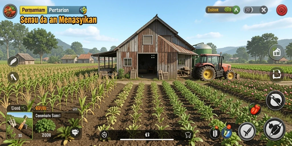 Tampilan gameplay GOWIN dengan kebun yang hijau dan hewan ternak aktif.