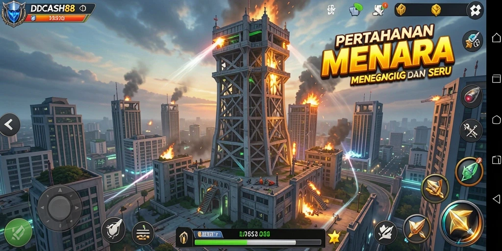 Screenshot gameplay IDCASH88 dengan aksi menara yang seru.