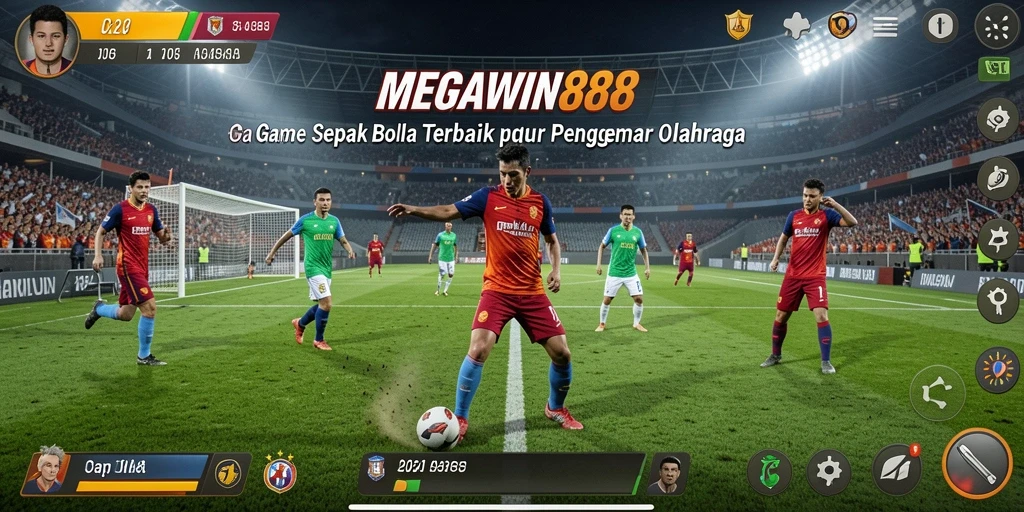 Screenshot gameplay MEGAWIN888 menampilkan aksi pertandingan sepak bola yang mendebarkan.