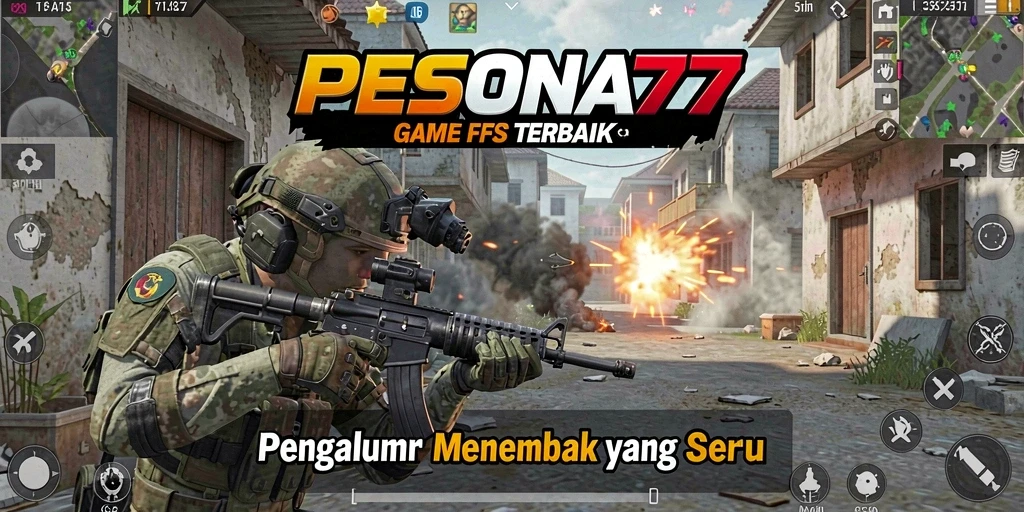 Screenshot PESONA77 menampilkan aksi menembak intens di medan perang.