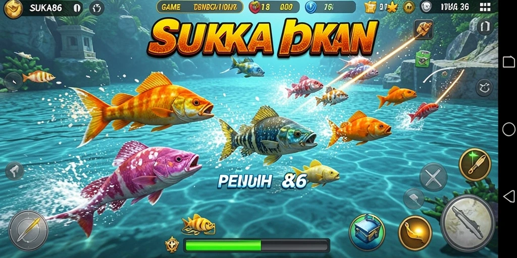 Screenshot gameplay SUKA86 menunjukkan aksi menembak ikan yang seru.